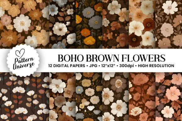 Brown Boho Flowers Digital Paper
