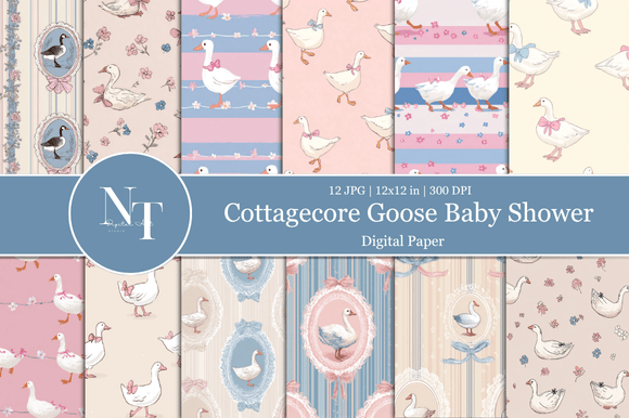 Cottagecore Goose Baby Shower Digital Paper Pack: A Whimsical Addition to Your Creative Projects