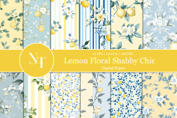 Lemon Floral Shabby Chic Digital Paper