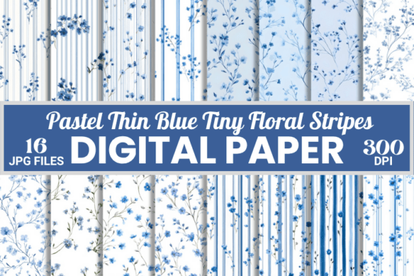 Pastel Thin Blue Tiny Floral Stripes Pattern