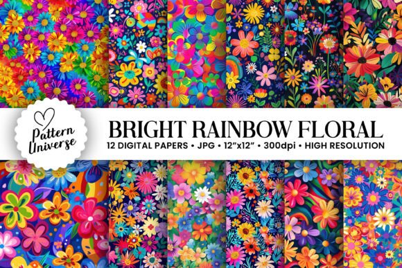 Vibrant Rainbow Flowers Digital Papers